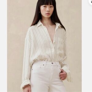 Banana Republic Oversized Linen Cream/Black Striped Button Down Shirt NWT